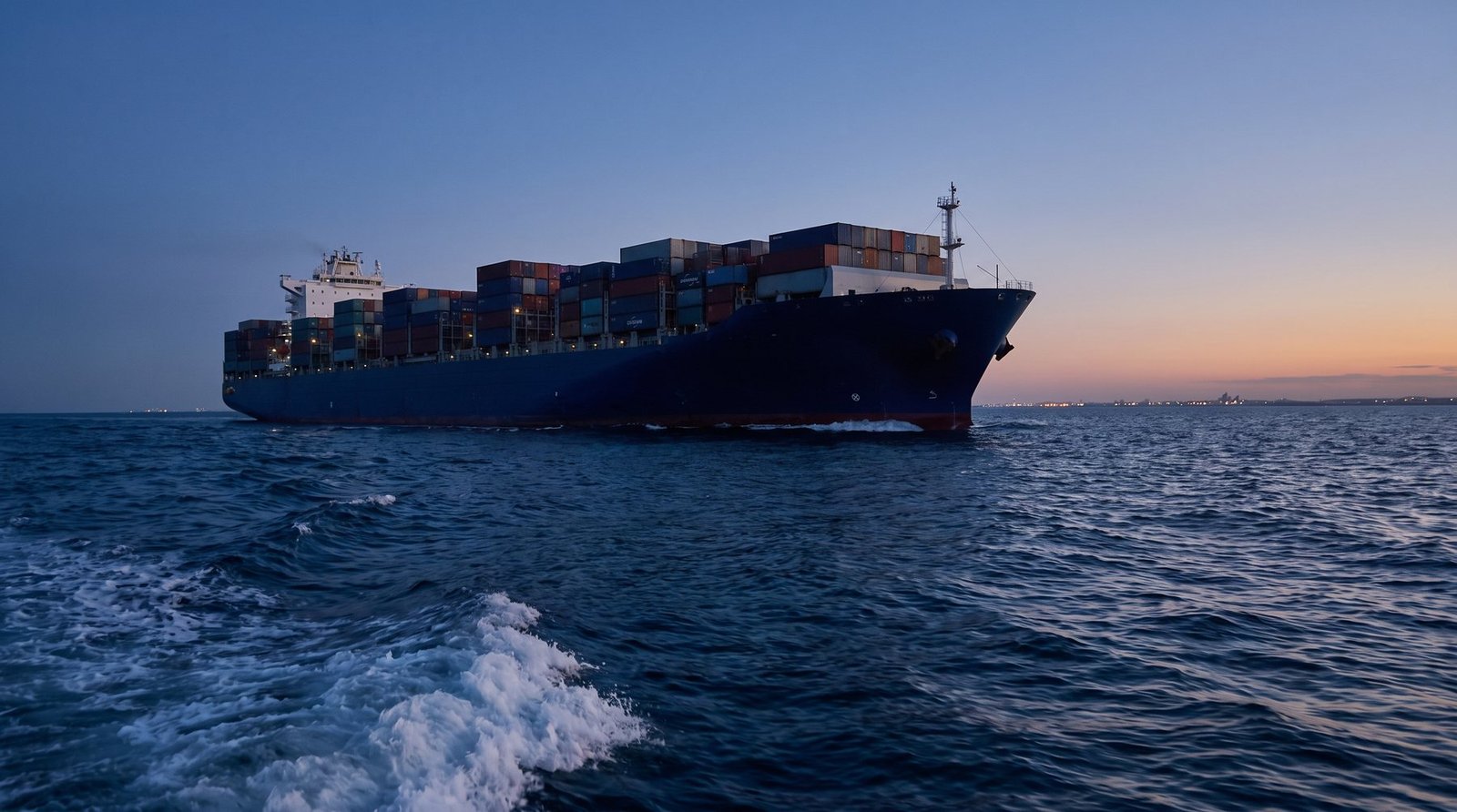 A loaded container ship under way at blue hour