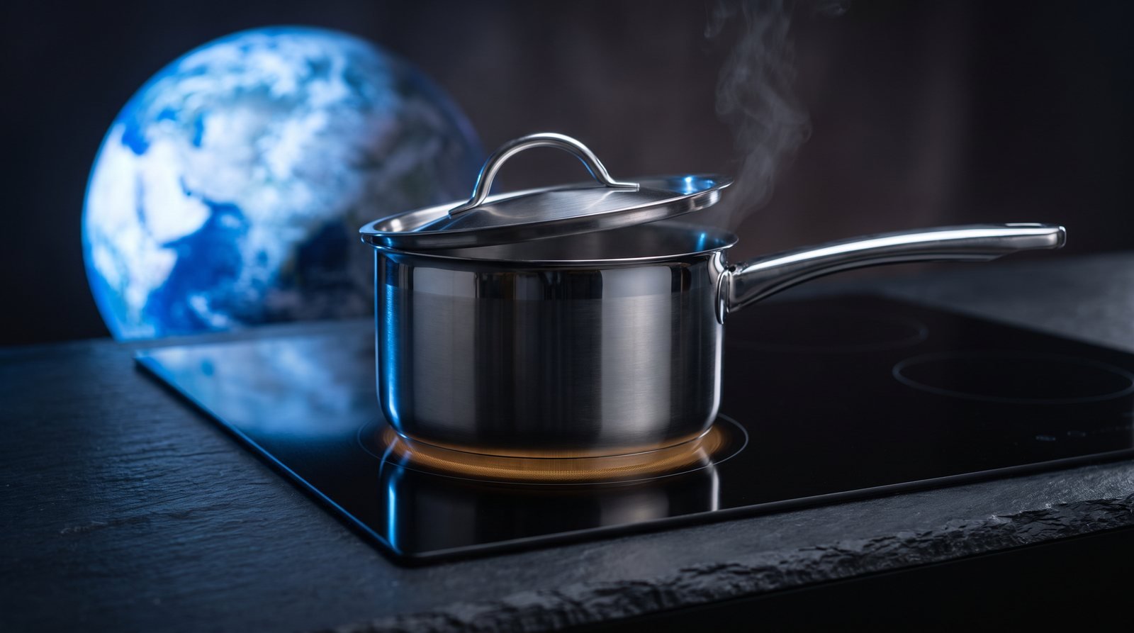 A steaming pan on an induction hob with the Earth glowing behind it
